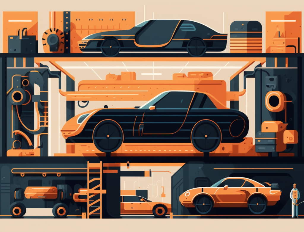 An illustration of cars in a garage.