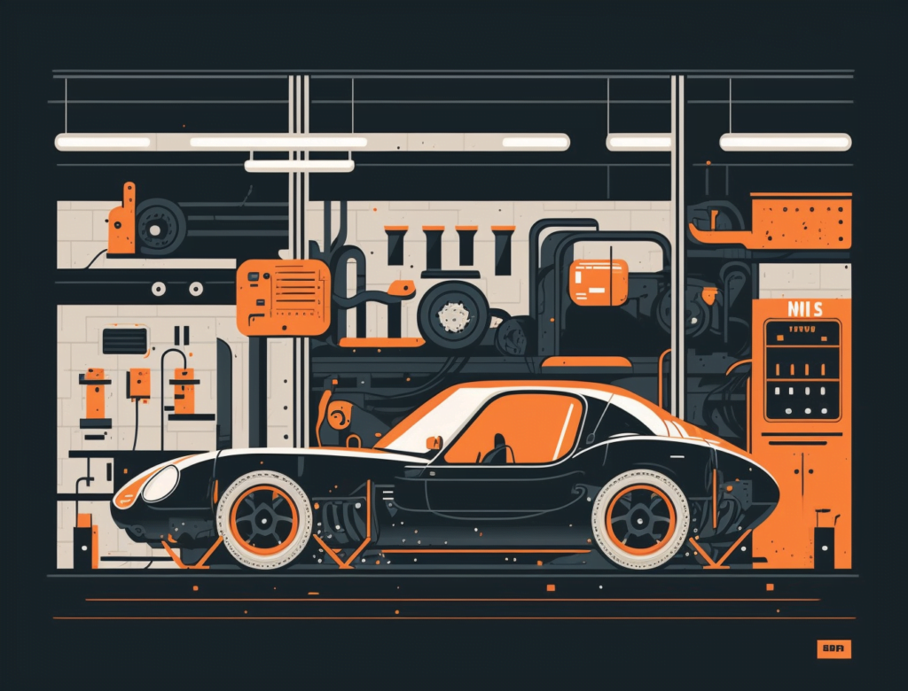 A black and orange illustration of a sports car in a garage.