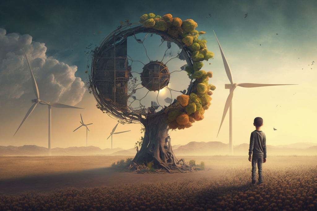 A man standing in front of a tree with wind turbines.