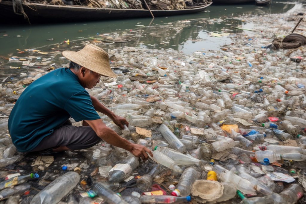 A man picking up plastic bottles in a river.