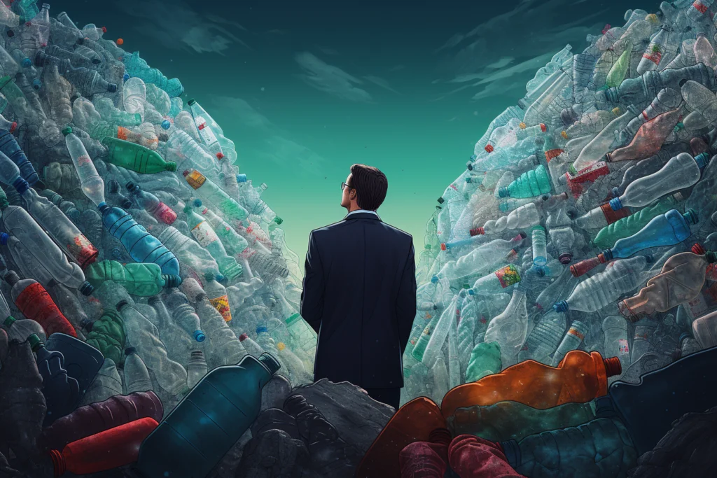A man standing in front of a pile of plastic bottles.