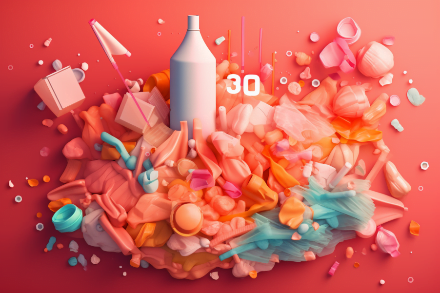 3d illustration of a bottle surrounded by colorful objects.