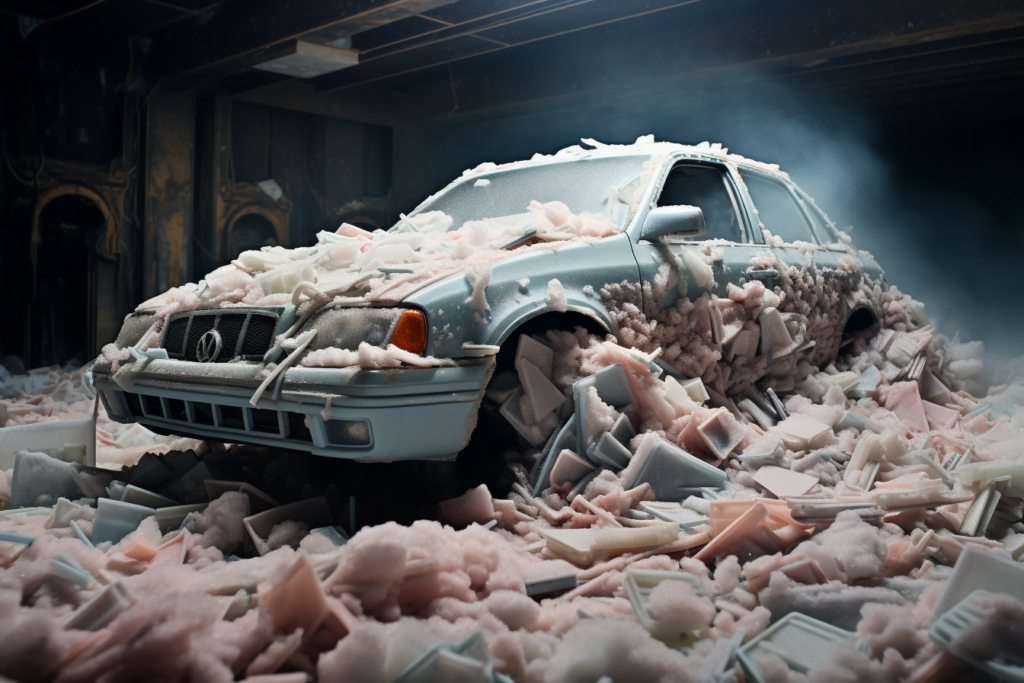 A car is surrounded by pink and white foam.