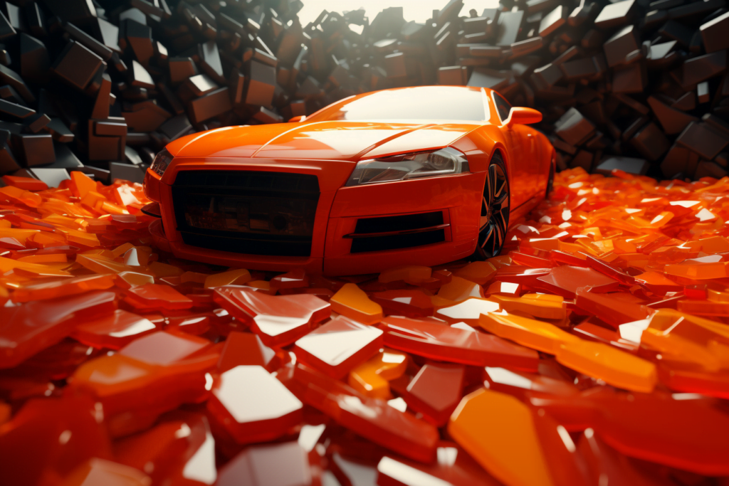 An orange car sitting in a pile of bricks.