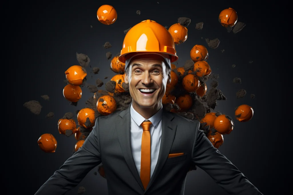 A man in a hard hat is surrounded by oranges.