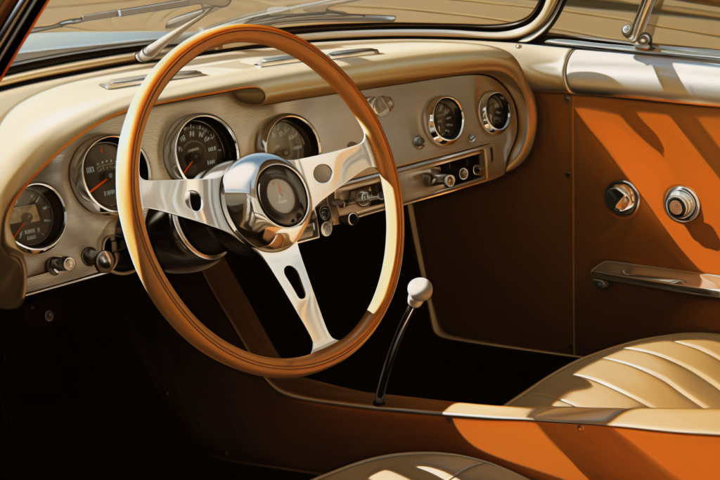 The steering wheel is tan.