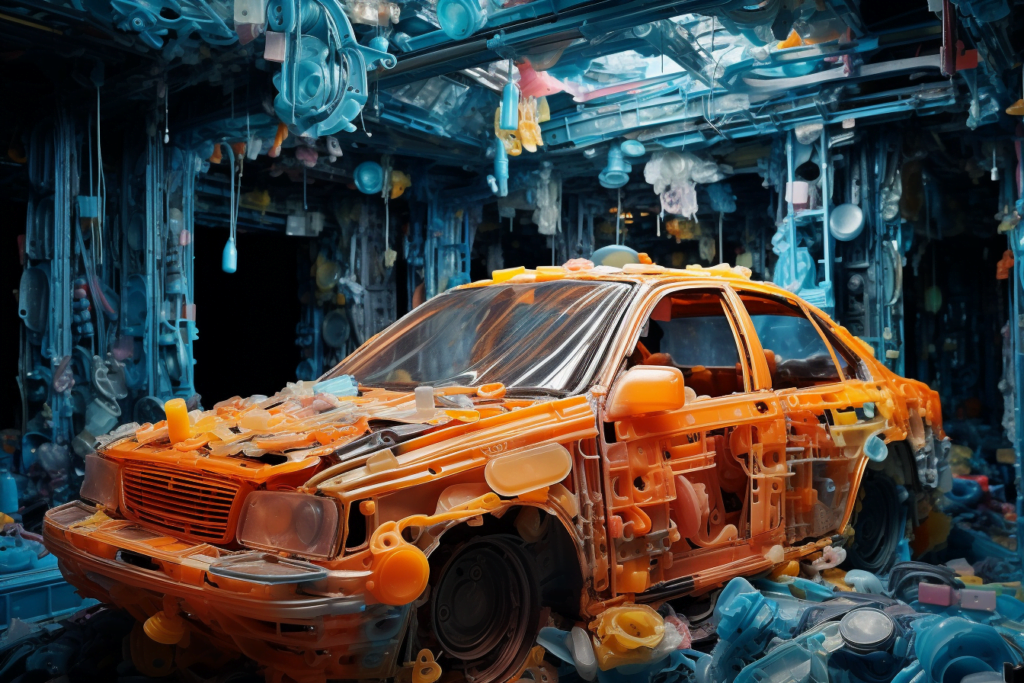 An orange car is sitting in a room full of plastic.