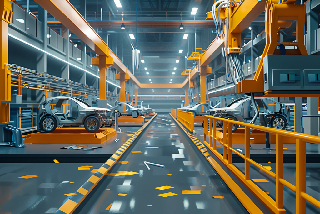 A modern car manufacturing facility with assembly lines, robotic machinery, and partially assembled cars, illuminated by bright overhead lights.